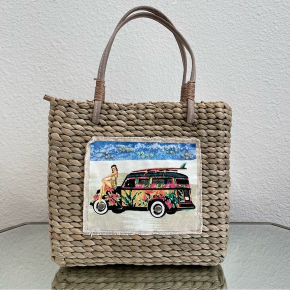 Vintage Y2K Beach Surf Volkswagen Bug Corn Husk Wicker Small Handbag Purse - Picture 2 of 13